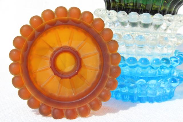 lot mismatched colored glass candle holders, vintage Decorama hobnail candlewick beaded edge glass