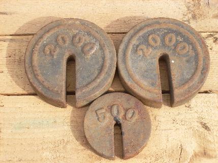 lot of 3 antique farm barn or feed store platform grain scale weights