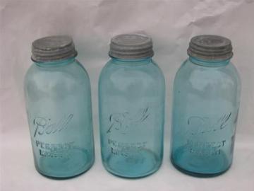 lot of 3 antique vintage 2 quart blue glass fruit jars / canisters w/zinc lids