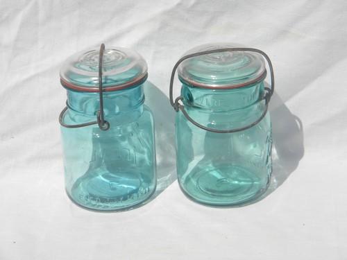 lot of 4 antique blue Ball Ideal fruit jars, lightning lids & 1908 patent