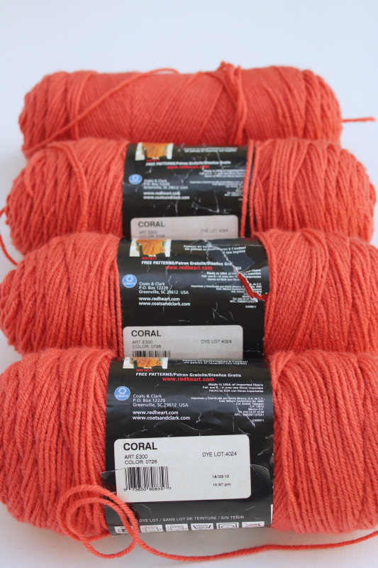 lot of 4 big 7 oz skeins Red Heart Super Saver acrylic yarn, coral color solid no dye lot