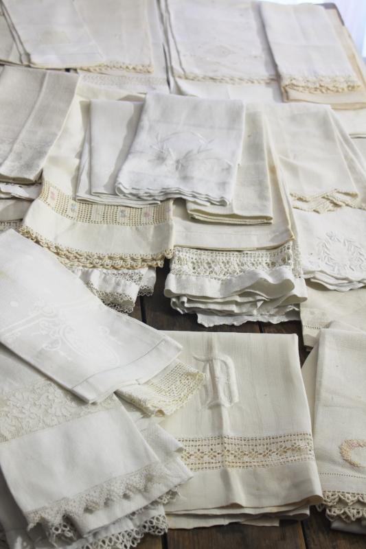 lot of 50 antique linen huck towels, collection vintage farmhouse linens w/ fancy work