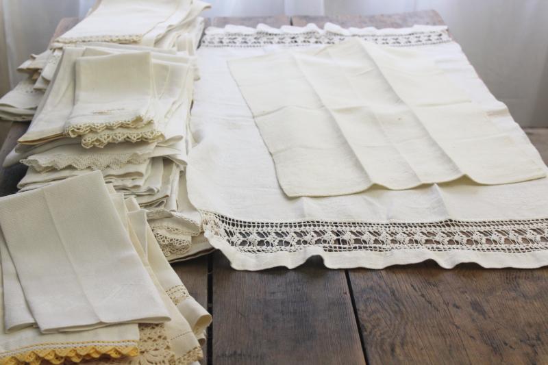 lot of 50 antique linen huck towels, collection vintage farmhouse linens w/ fancy work