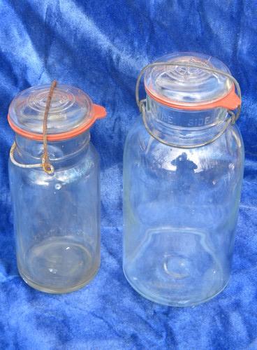 lot of 6 old glass mason jar storage canisters w/wire bale lightning lids