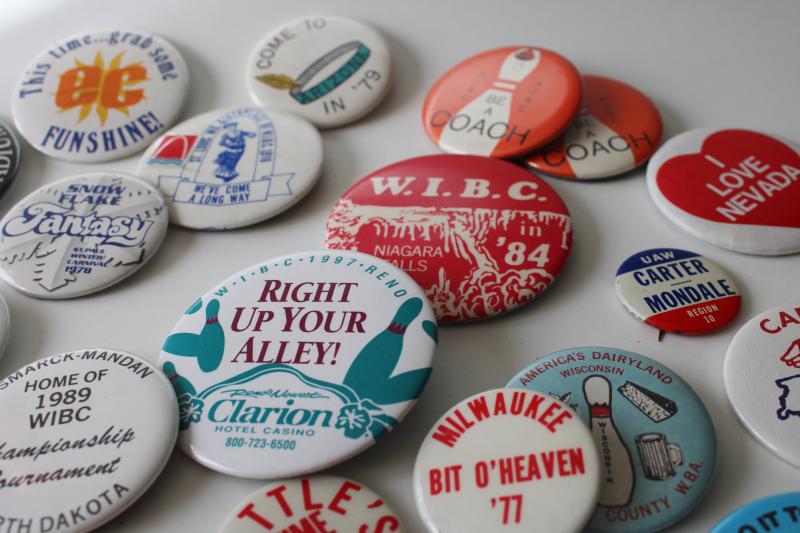 lot of 70s vintage metal pinback buttons, city souvenirs, bowling, political