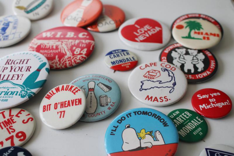 lot of 70s vintage metal pinback buttons, city souvenirs, bowling, political