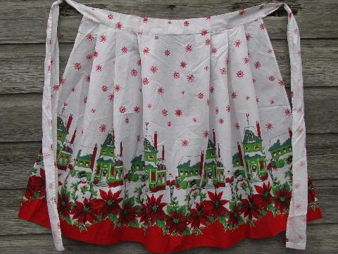 lot of 8 vintage red and green holiday aprons, Christmas prints etc.