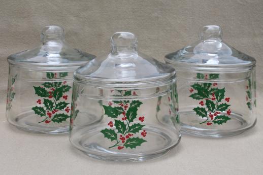 lot of Christmas glassware - Houze glass tumblers, holly candy dishes, Christmas tree jars