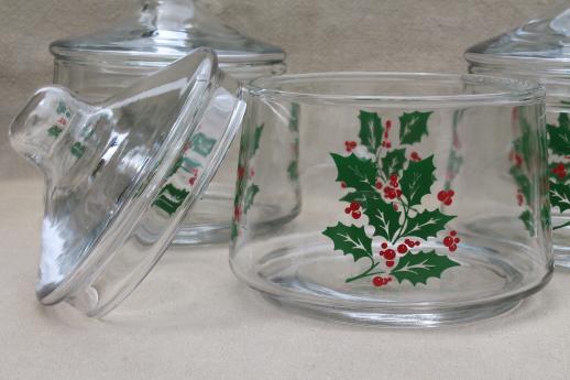 lot of Christmas glassware - Houze glass tumblers, holly candy dishes, Christmas tree jars