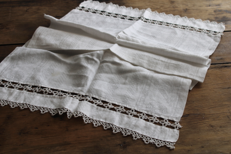 lot of all white vintage linens, large towels w/ crochet lace, pair fingertip towels