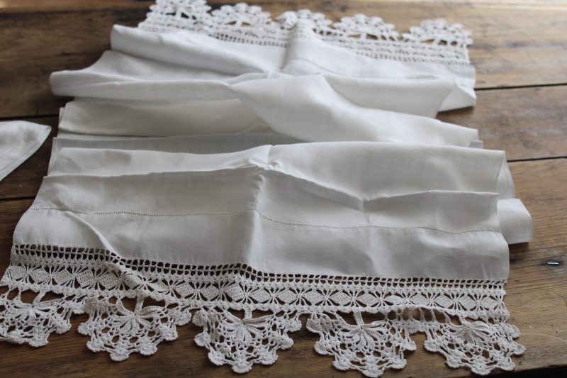 lot of all white vintage linens, large towels w/ crochet lace, pair fingertip towels