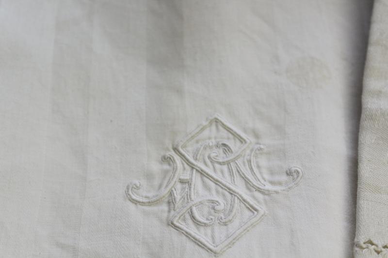 lot of antique linen damask bath towels, embroidered monograms & lace, drawn thread