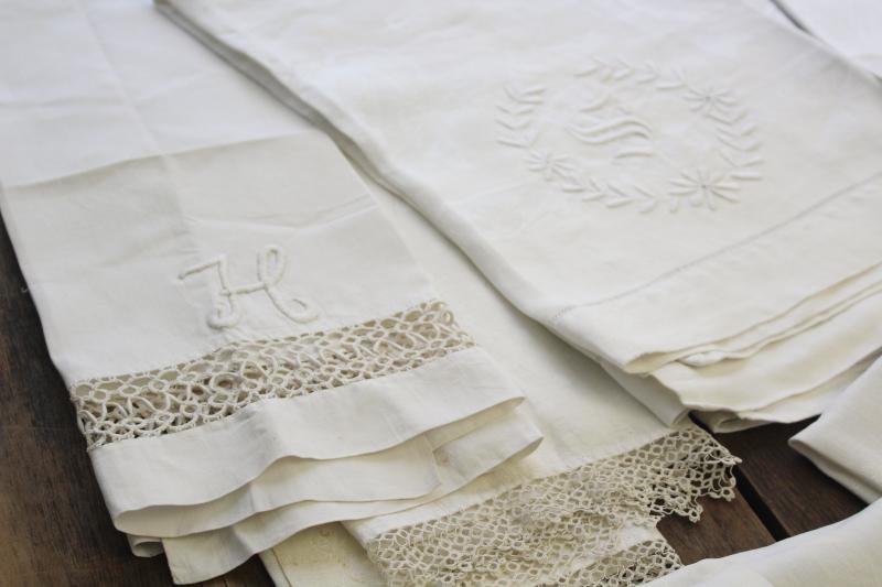 lot of antique linen damask bath towels, embroidered monograms & lace, drawn thread