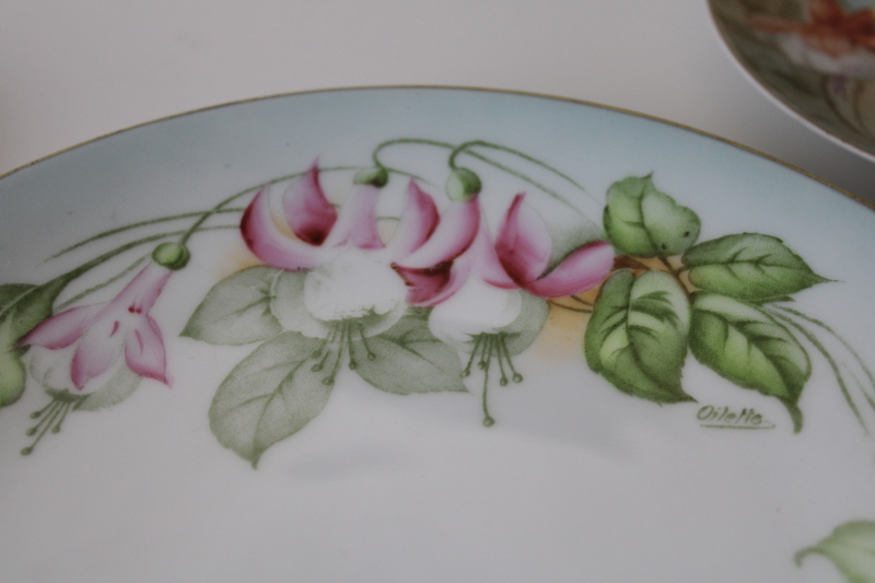 lot of antique vintage hand painted china plates, garden flowers all fuchsias