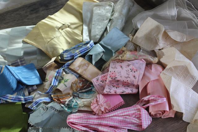 lot of antique & vintage silk ribbons, crazy quilt scraps or project bundle