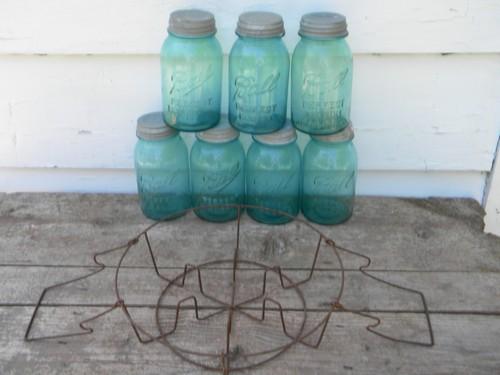 lot of aqua blue Ball Perfect Mason jars w/zinc caps in wire canner basket