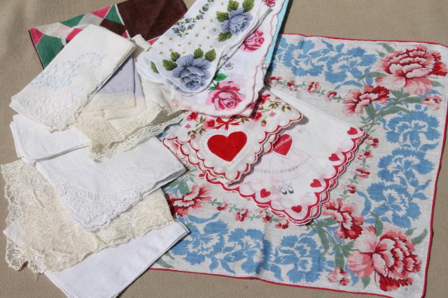lot of fancy vintage cotton hankies, Valentine hearts, flower prints, white lace