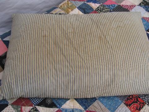 lot of five primitive old feather pillows, vintage blue stripe ticking