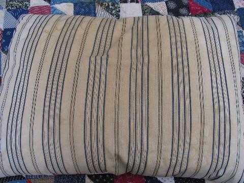 lot of four primitive old feather pillows, vintage wide stripe ticking