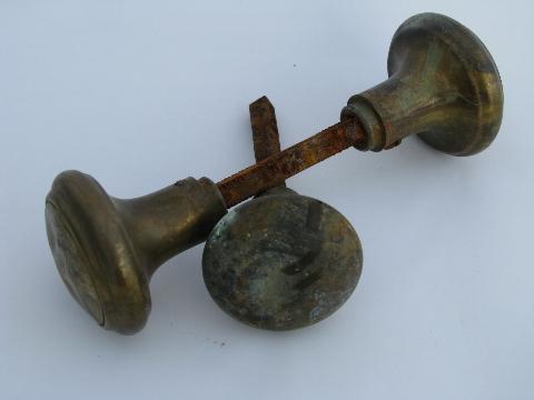 lot of old antique brass door knobs and handles, vintage architectural restoration hardware