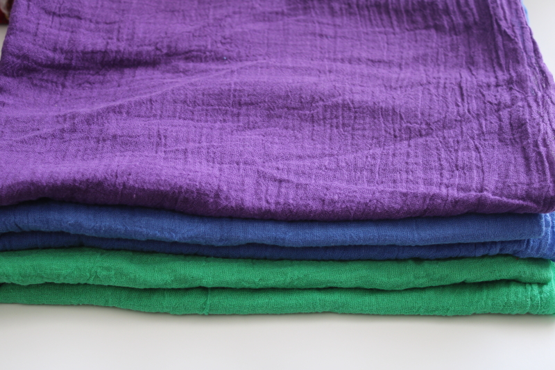 lot of soft light cotton gauze fabric remnants, solid colors blue, green, purple
