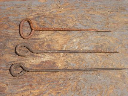 lot of three antique primitive hand forged iron fireplace hearth skewers