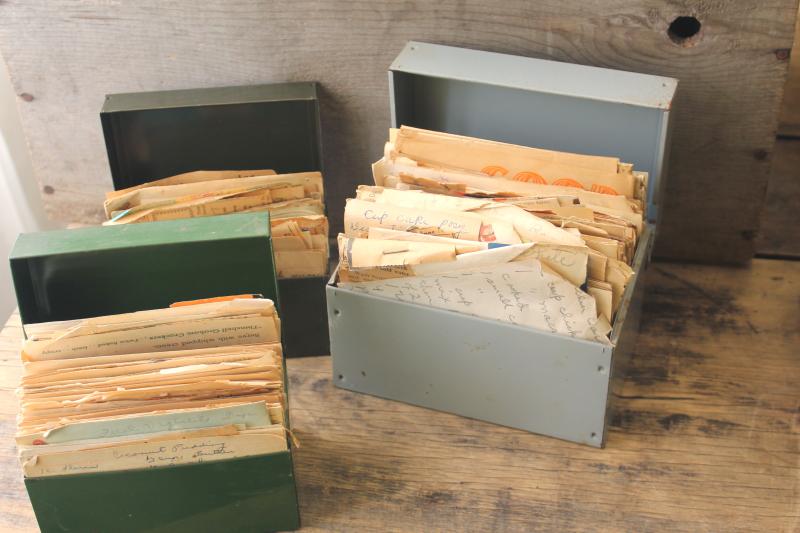 lot of three vintage recipe boxes stuffed full of old recipes, some hand written cards