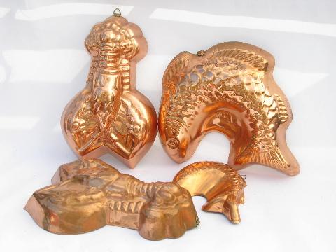 lot of tinned copper molds, french country kitchen style, fish & lobsters