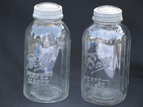 lot of two deco vintage 2 quart Ball mason jars w/zinc & glass lids