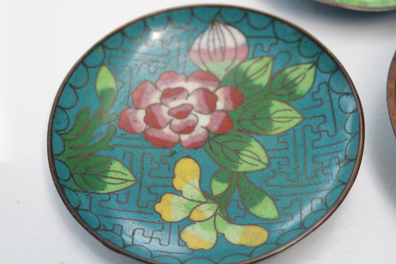 lot of vintage Chinese cloisonne enamel brass ring dish trinket dishes or tiny trays
