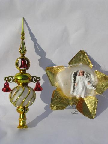 Lot Of Vintage Christmas Decorations, Angel Hair Tree Toppers, Bell Lights Etc.