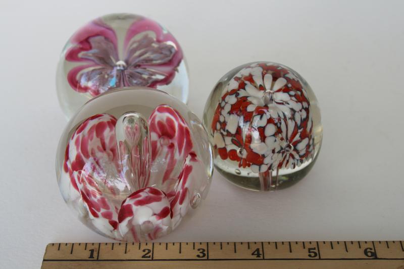 lot of vintage art glass paperweights, murano style flowers & encased bubbles