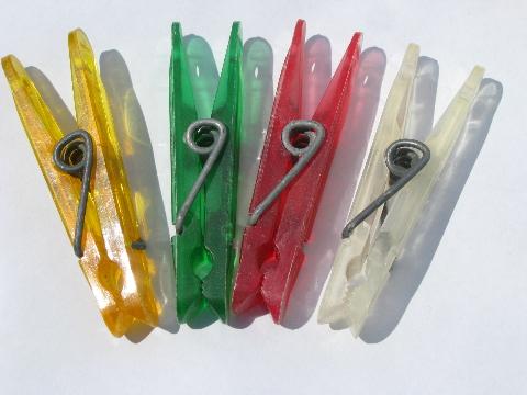lot of vintage clothespins, red, yellow, green plastic