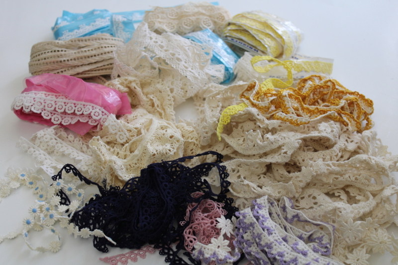 lot of vintage cotton lace edgings, cluny style crochet look laces in ivory  retro colors