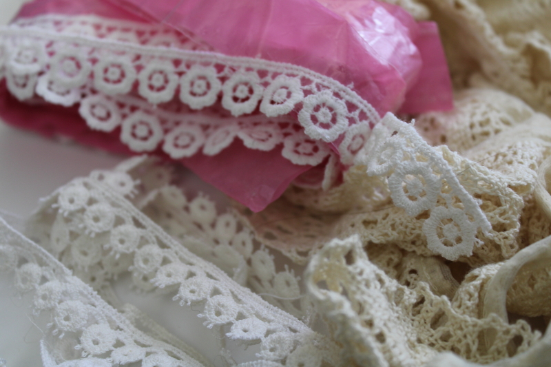 lot of vintage cotton lace edgings, cluny style crochet look laces in ivory  retro colors