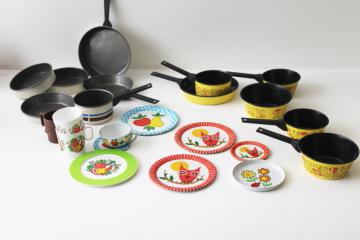 lot of vintage doll dishes, toy kitchen pots  pans 60s  70s