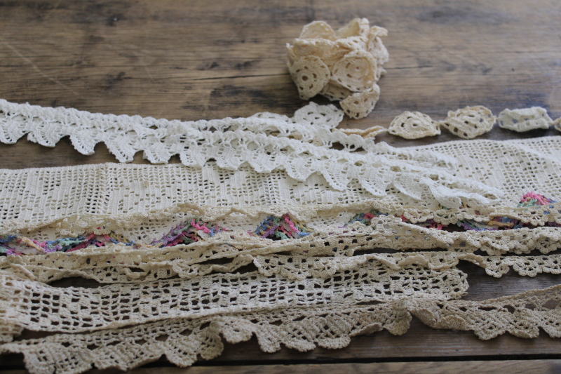lot of vintage handmade crochet lace edgings, salvaged antique sewing trims