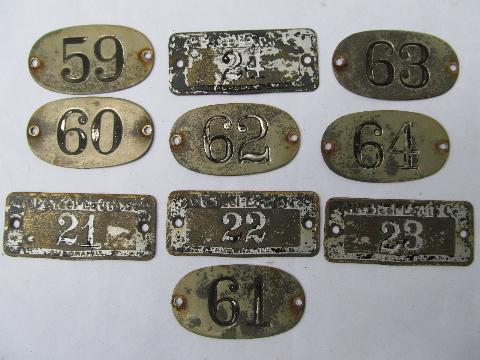 lot of vintage industrial stamped brass locker number tags