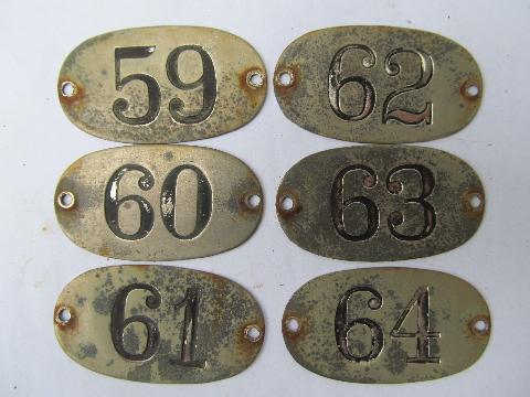 lot of vintage industrial stamped brass locker number tags