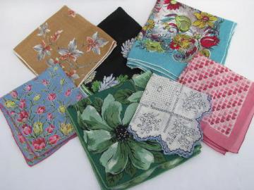 lot of vintage printed cotton hankies, flowers, floral and leaf prints