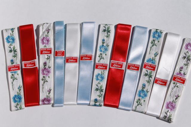 lot of vintage ribbons, woven edge satin ribbon, new old stock sewing notions trims