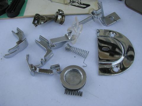 lot of vintage sewing machine parts, specialty presser feet, stitchplate buttonhole etc