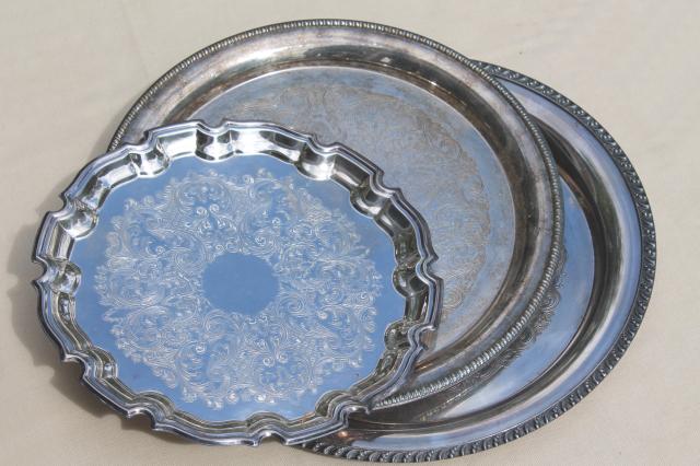 lot of vintage silver serving trays, round silverplated tray & charger plates