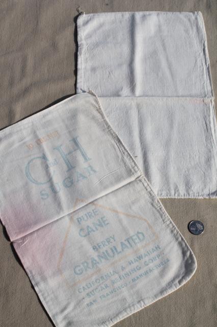lot of vintage sugar sacks w/ printed advertising graphics, fine light cotton feedsack fabric 