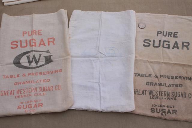 lot of vintage sugar sacks w/ printed advertising graphics, fine light cotton feedsack fabric