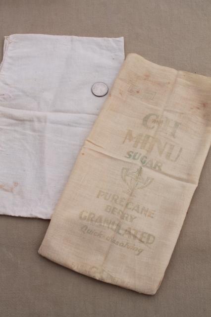lot of vintage sugar sacks w/ printed advertising graphics, fine light cotton feedsack fabric