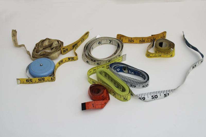 lot of vintage tape measures - collection of dressmakers measures, sewing box tools