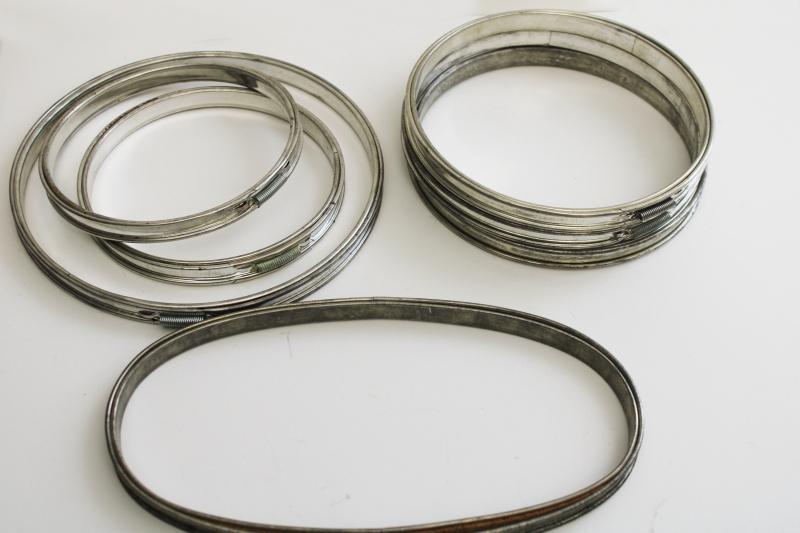 lot of vintage tin plated metal embroidery hoops, needlework frames round & oval