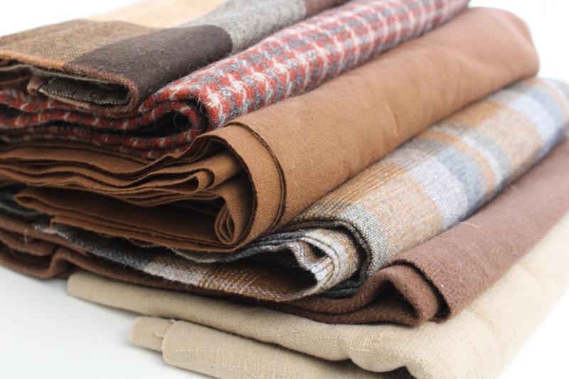 lot of vintage wool & tweed fabric for sewing or rug making, tan & brown shades