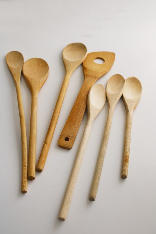 lot of wooden spoons, old wood spoon collection, rustic vintage kitchen ware